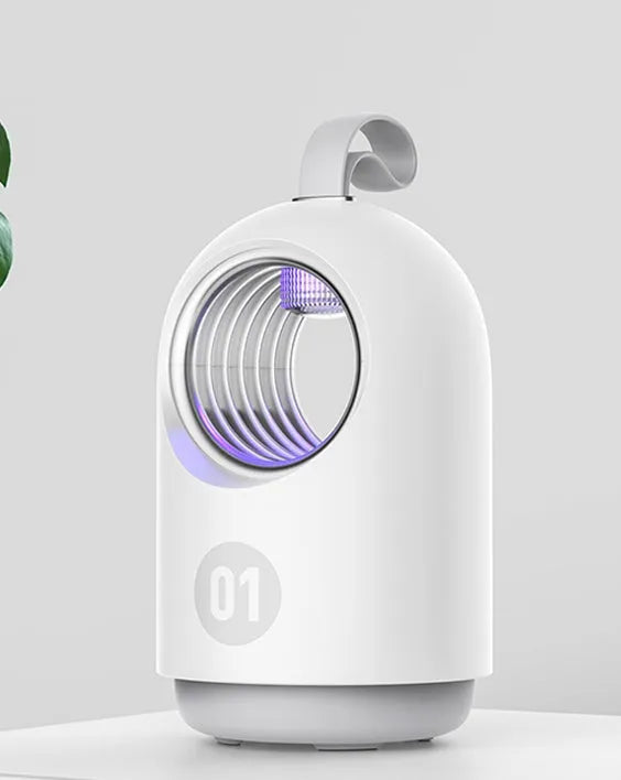 Blue and white portable USB mosquito killer lamp with silicone handle and UV light.