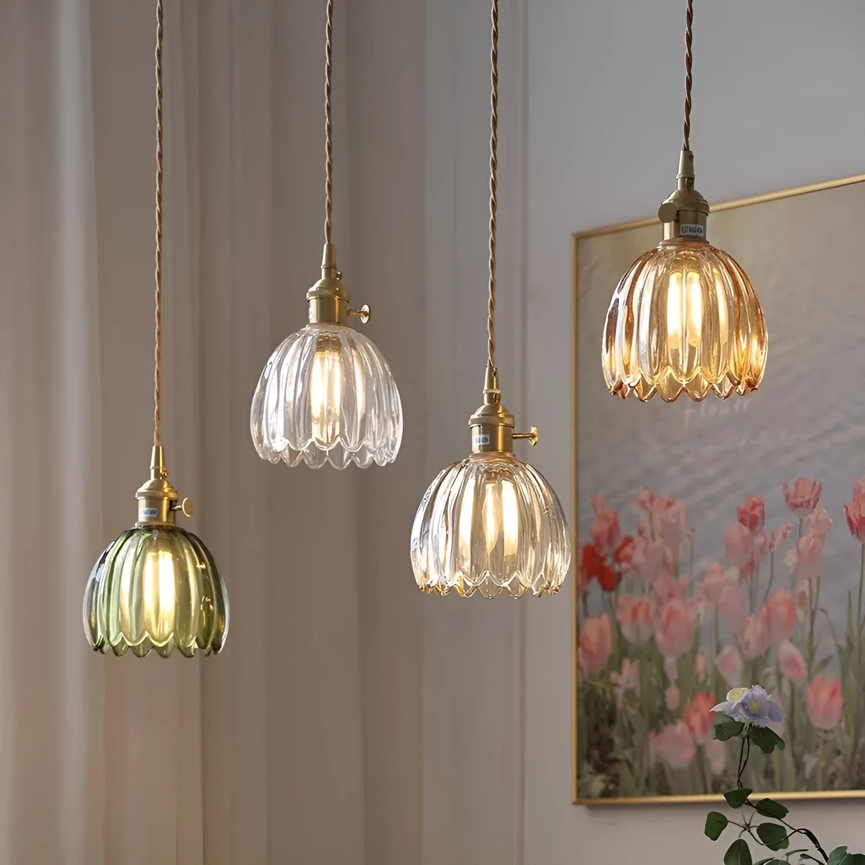 Vintage nordic style bedroom chandelier with glass flower shades in amber, green, grey, white, or transparent.