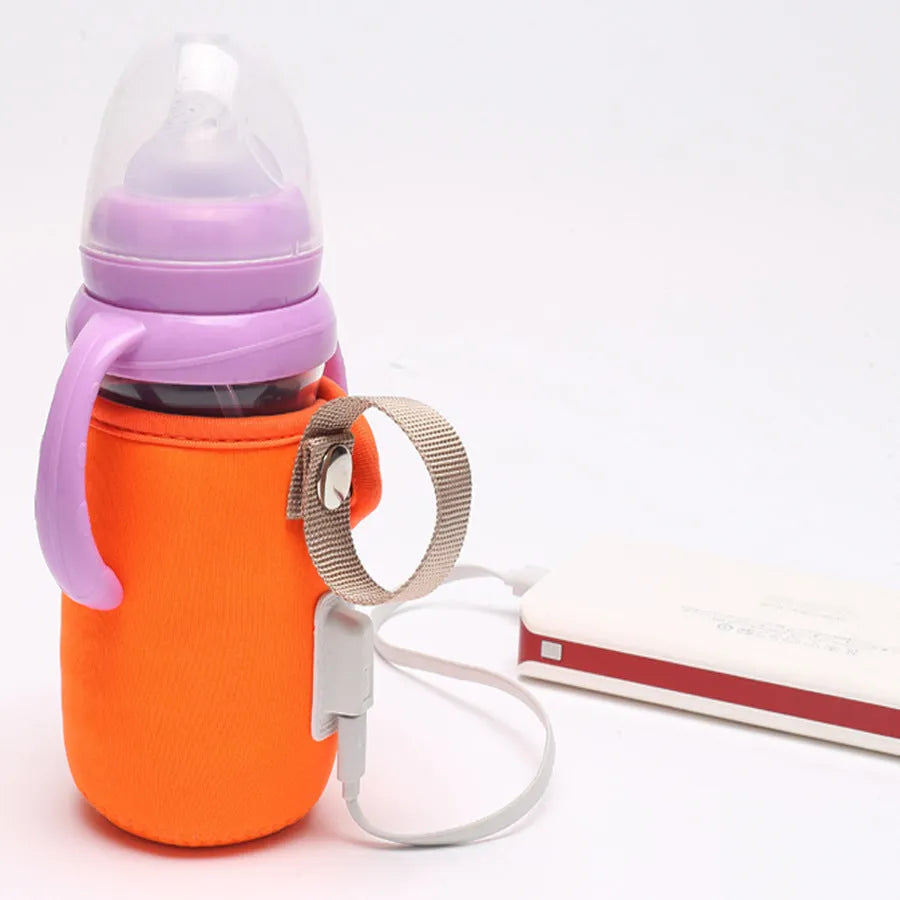 Orange and blue USB-powered baby bottle warmer sleeve with cotton fabric and PC materials