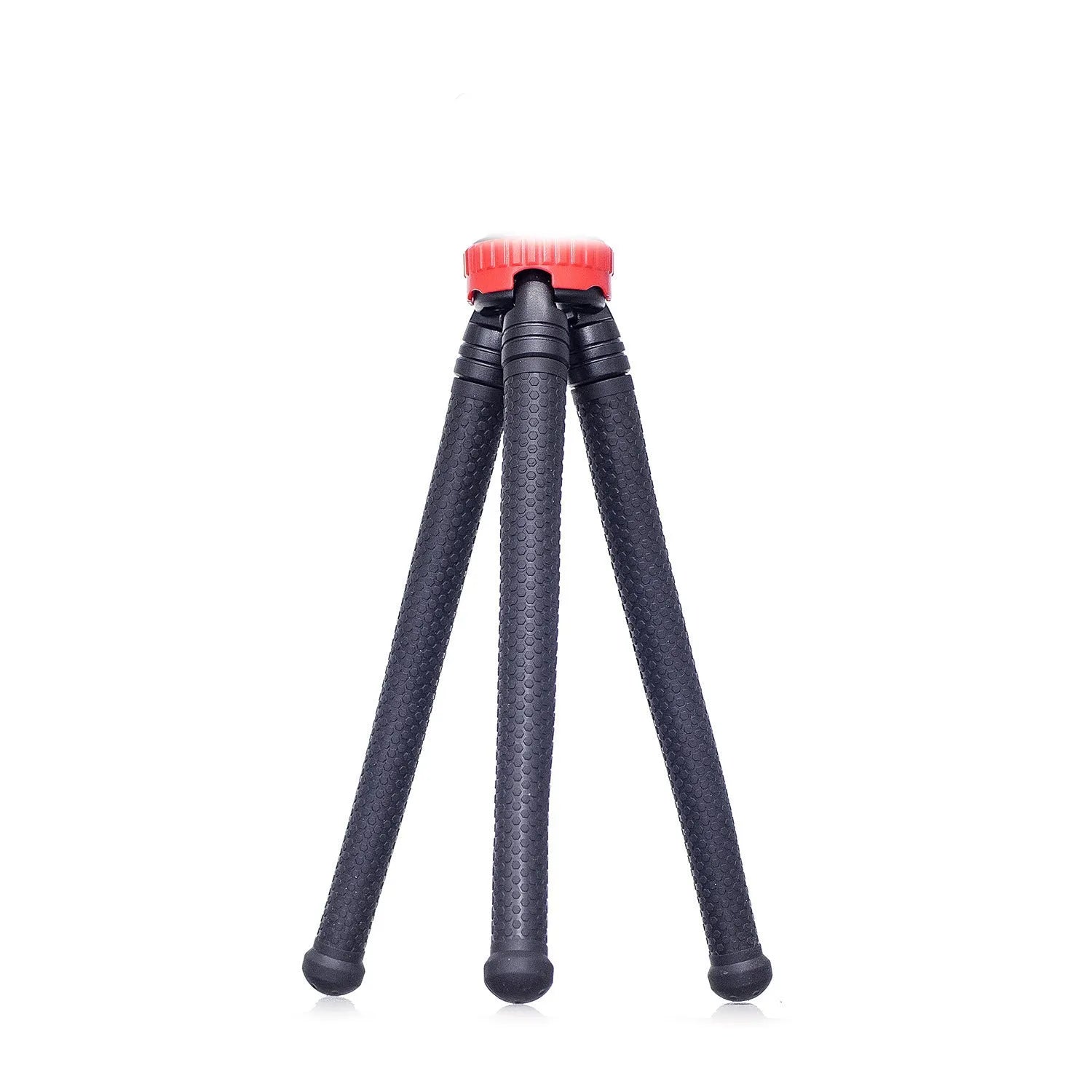 Black octopus tripod with spherical gimbal head wrapped around pole supporting mobile phone