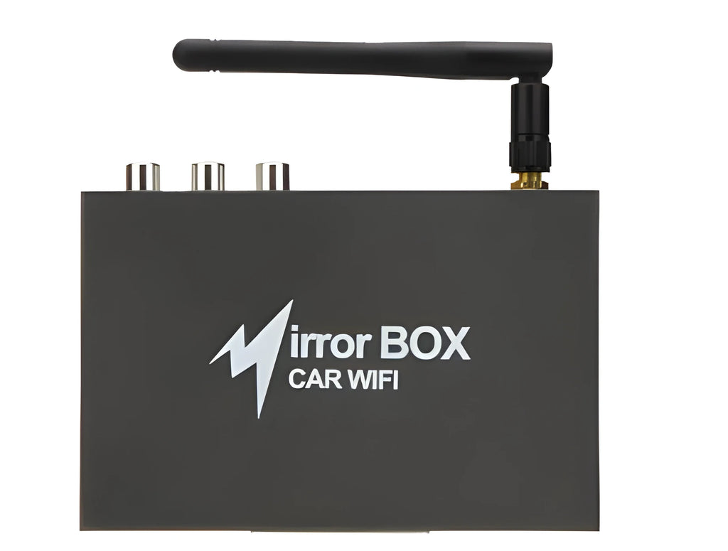 Black Car Mirror Link Box Wi-Fi converter with power cable, AV cable, antenna, and user manual