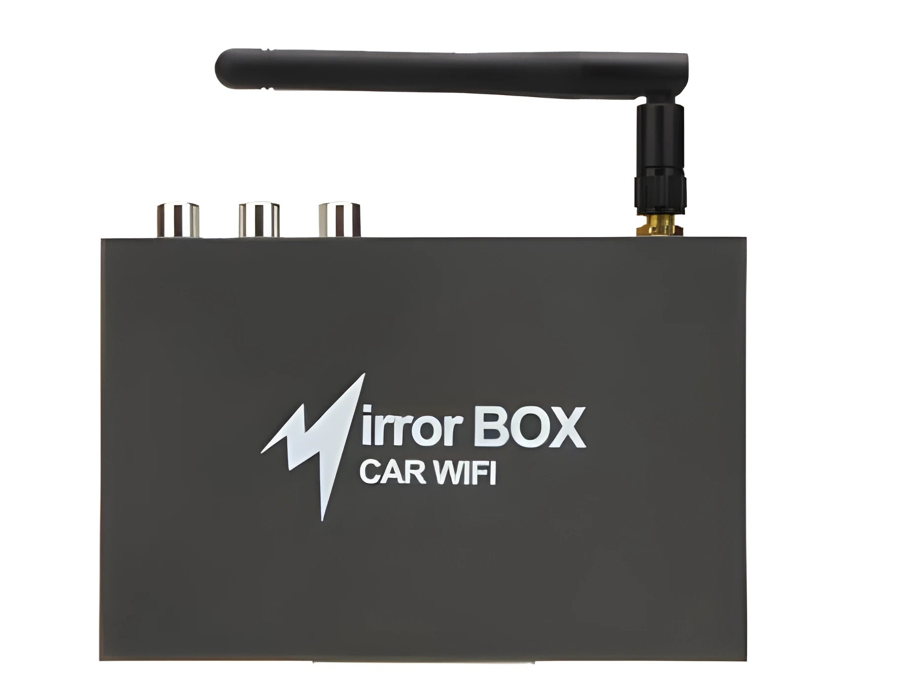 Black Car Mirror Link Box Wi-Fi converter with power cable, AV cable, antenna, and user manual