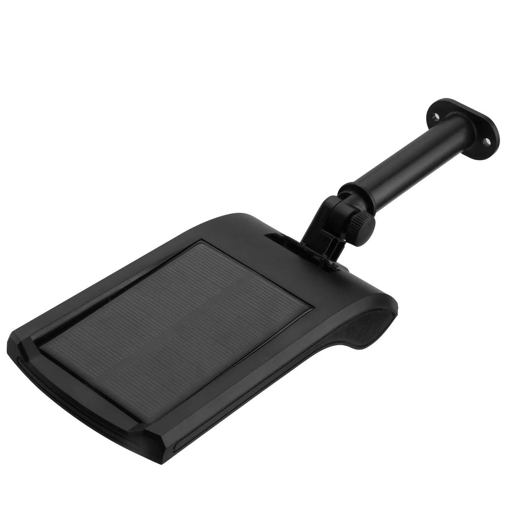 Black 36 LED solar-powered outdoor wall light with motion sensor and adjustable pole on a wall.