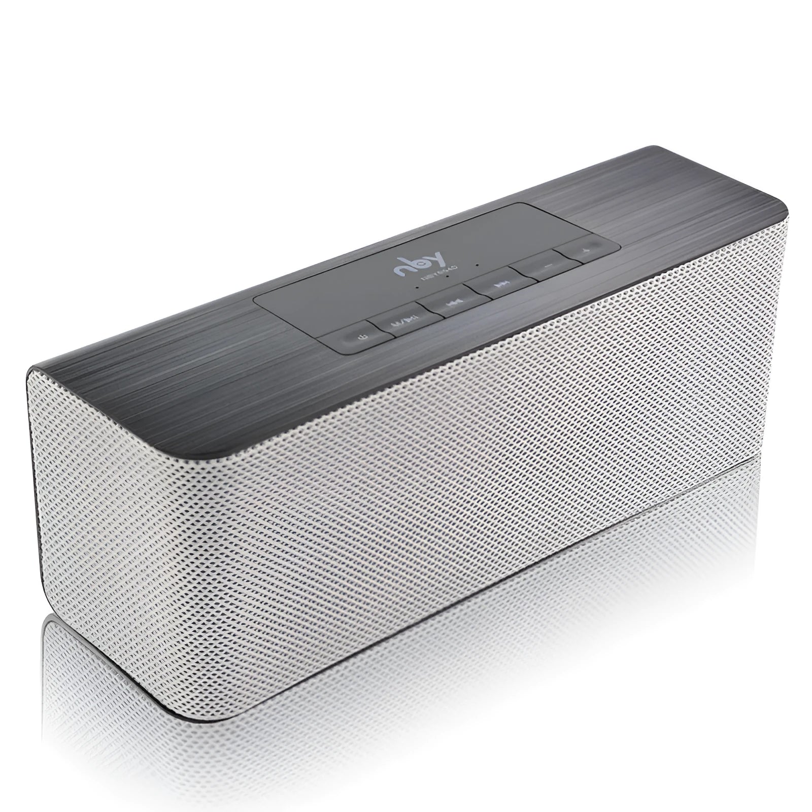 NBY5540 wireless Bluetooth speaker in silver grey with dual speakers and hands-free microphone