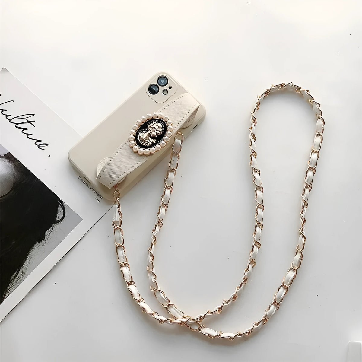 White TPU wrist strap crossbody chain protective case for iPhone with lanyard