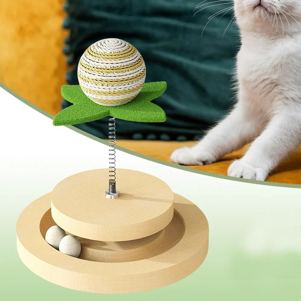Green sisal cat scratching pad with ball track and two-layer turntable interactive toy