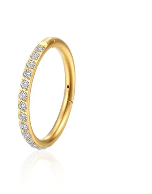 Implanted titanium alloy seamless round nose ring with inlaid zircon stone, 1.2x12mm, Diamond Gold colour