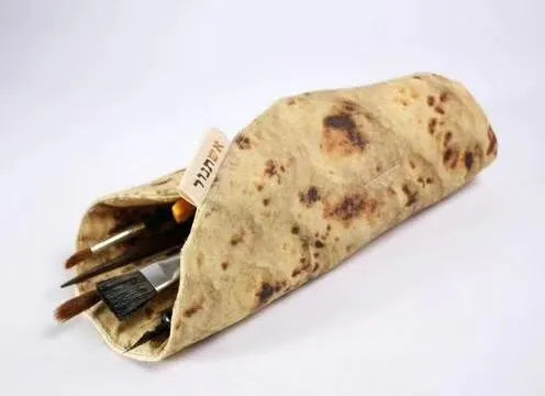 Novelty fabric pencil holder shaped like a burrito roll, 22cm square, in shown colour