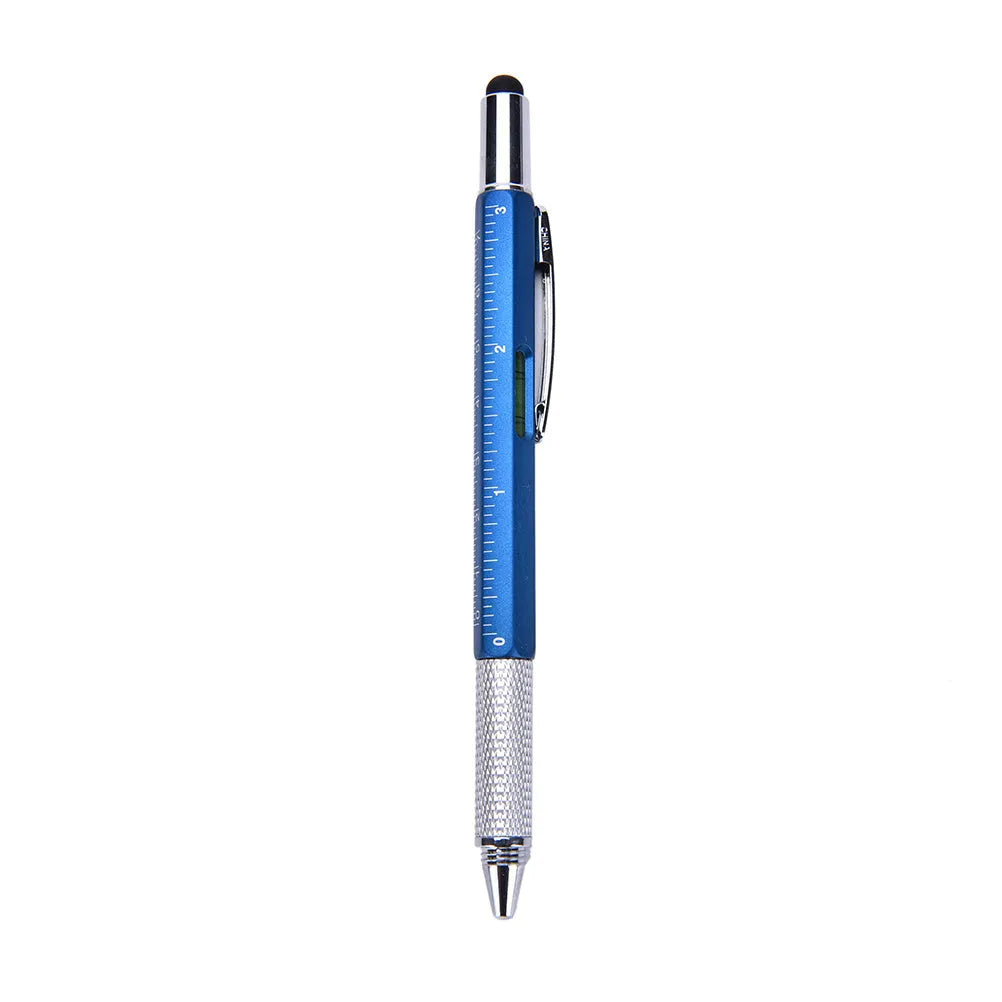 Black 6 in 1 multi-function touch screen stylus ballpoint pen with spirit level and screwdriver tips on white background