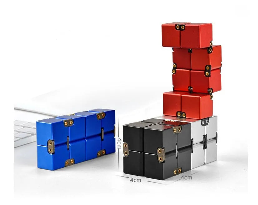 Zinc alloy infinity cube fidget toy in black finish showing rotating cube mechanism