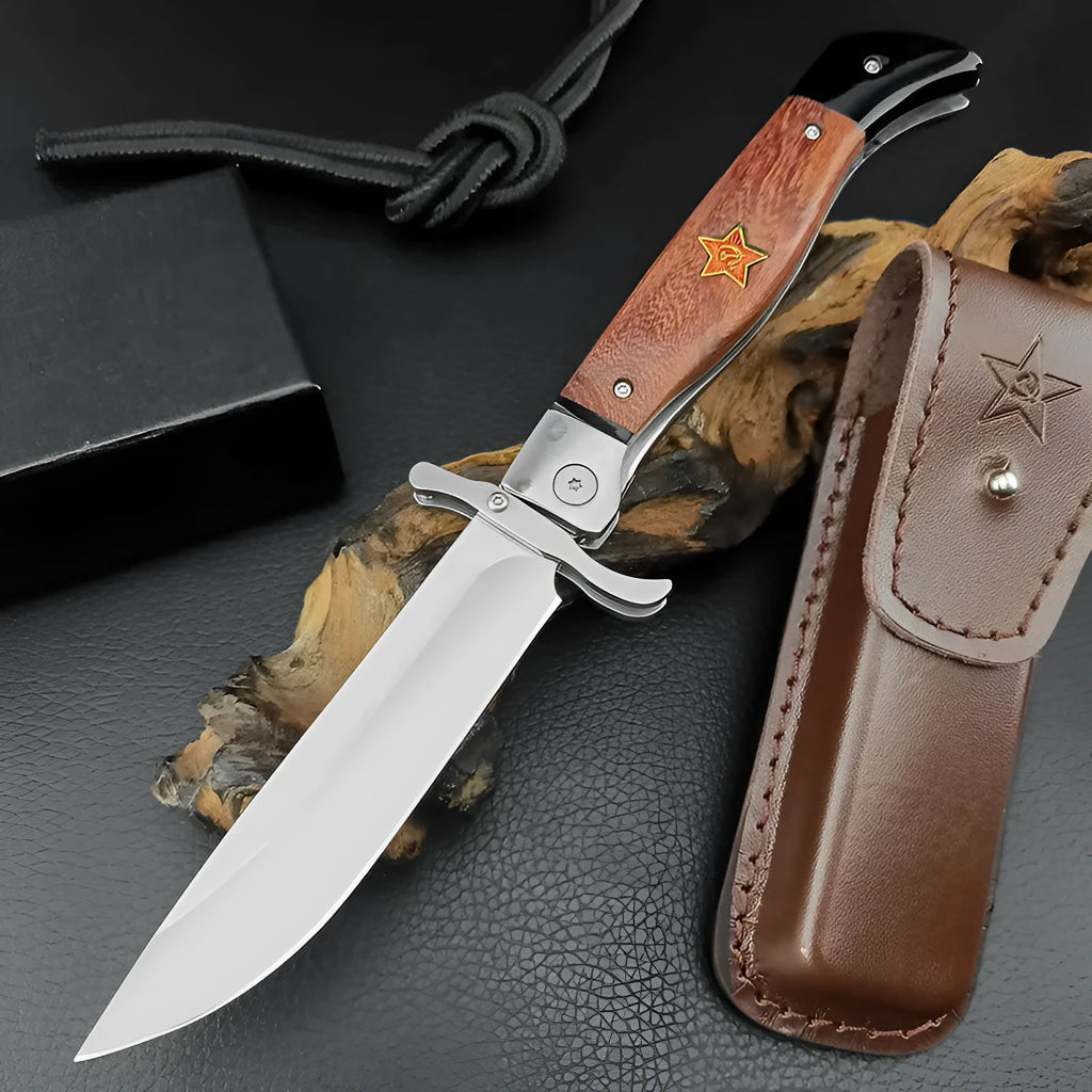 Multi-function folding knife with 440C blade and sandal wood handle on cowhide sheath
