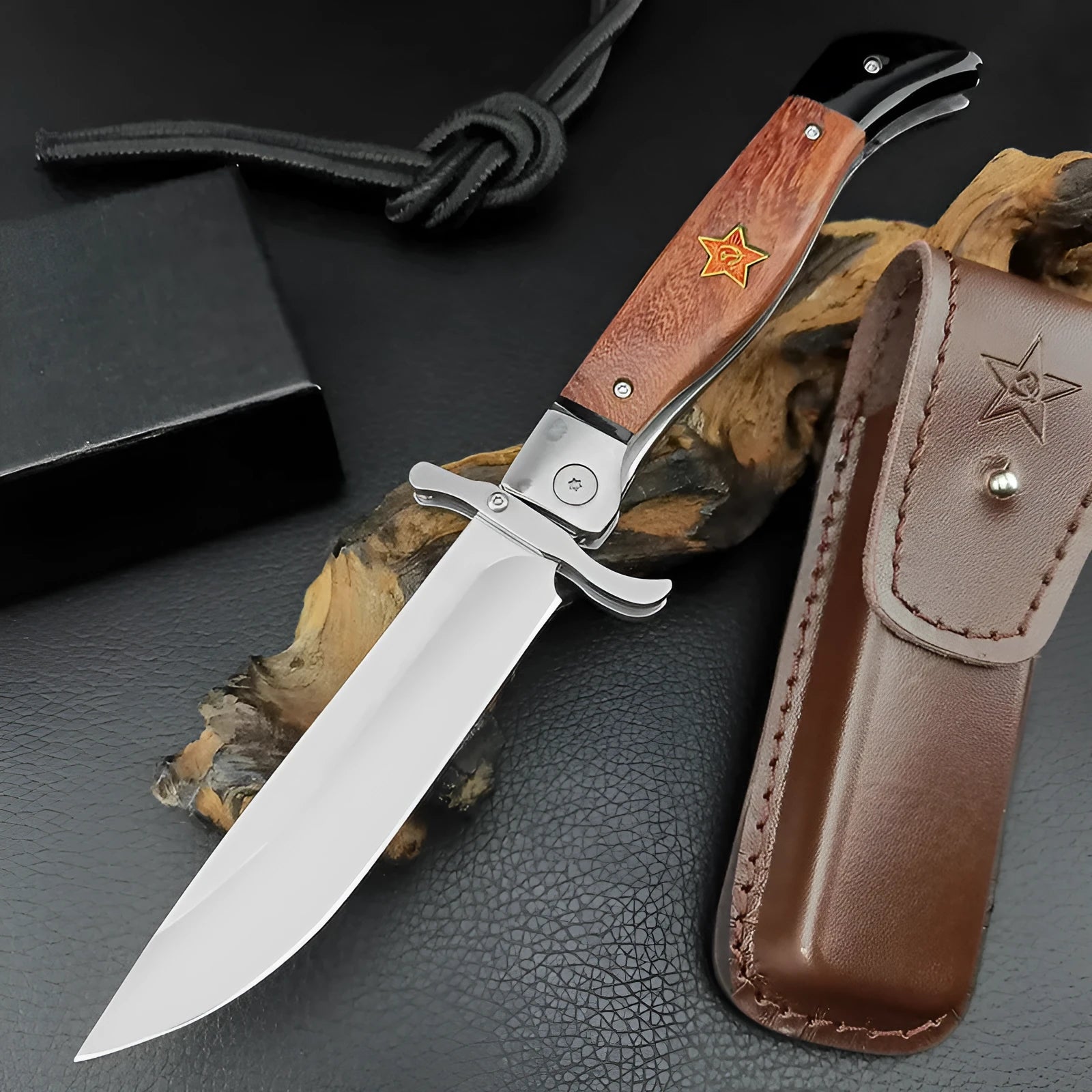 Multi-function folding knife with 440C blade and sandal wood handle on cowhide sheath
