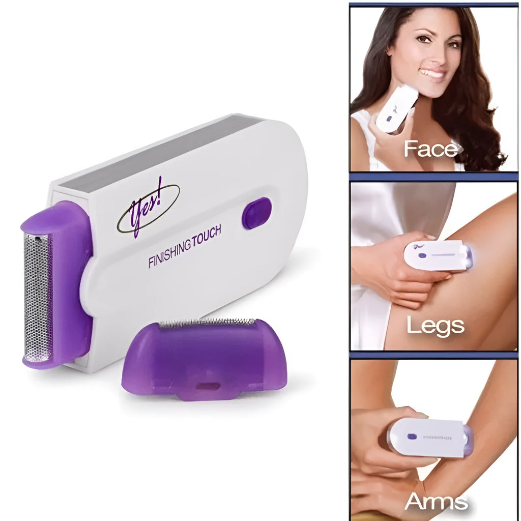 Finishing Touch rechargeable hair remover device with foil head and trimmer head on a white background