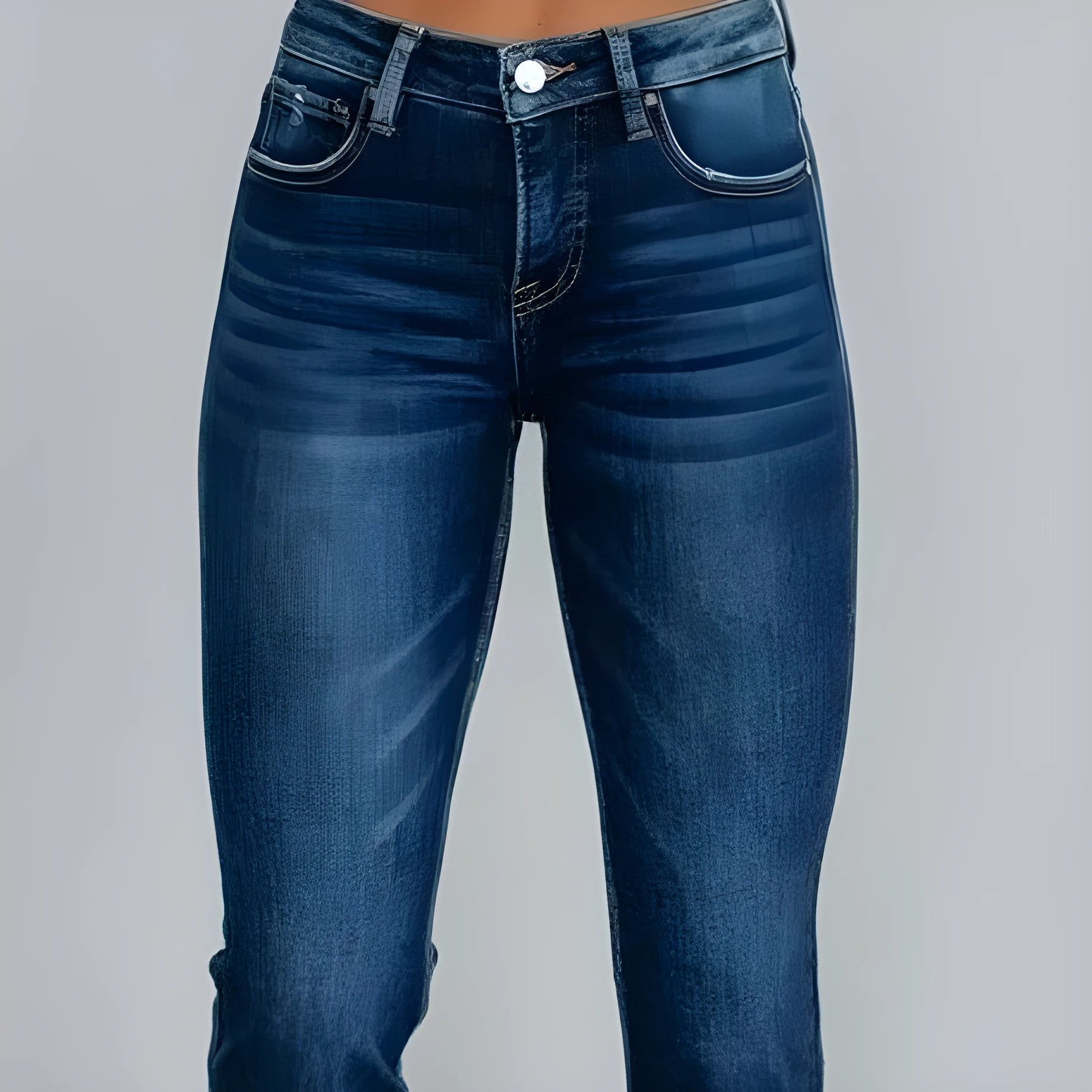 Women's solid blue casual denim trousers with a hand-worn finish on a hanger.