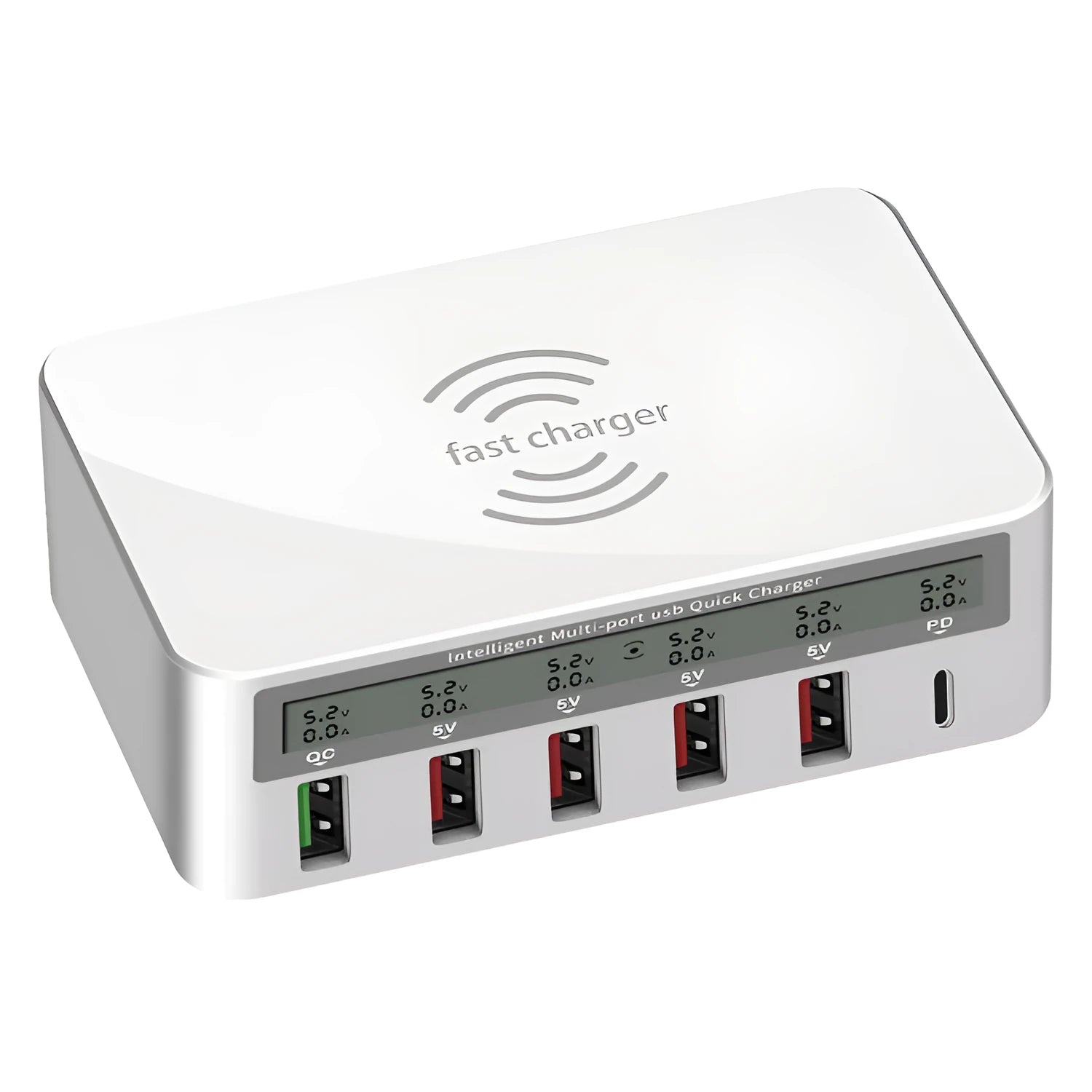 White USB charging station with six ports including USB-C, 1.5 metre cable, and plug adapter options