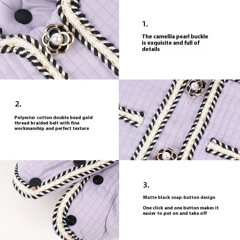 Quilted polyester pet coat with cartoon pattern in black, white or light purple colours for autumn and winter