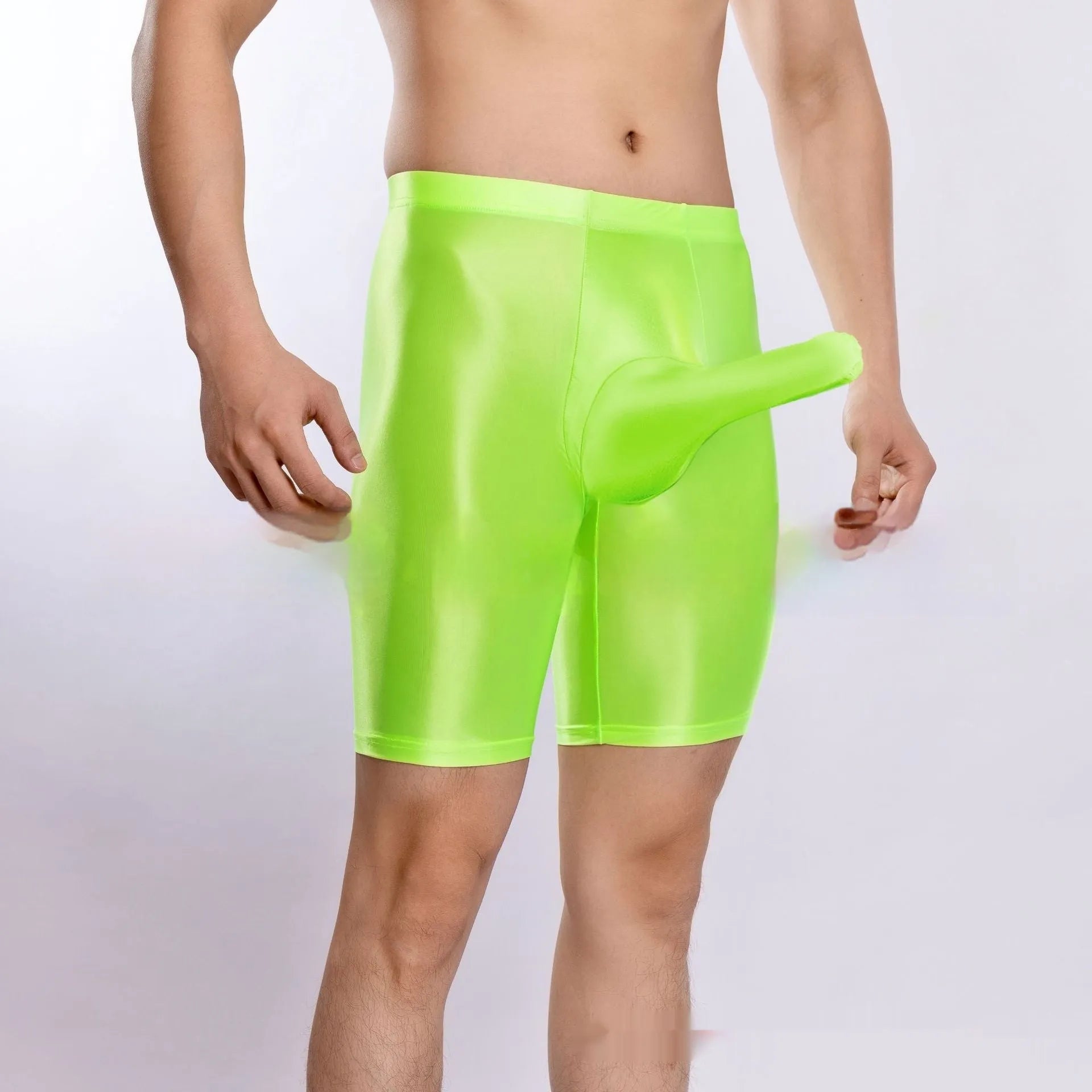 Men's shiny silky plus size sports shorts in nylon, shown in multiple colours including black and fluorescent green.