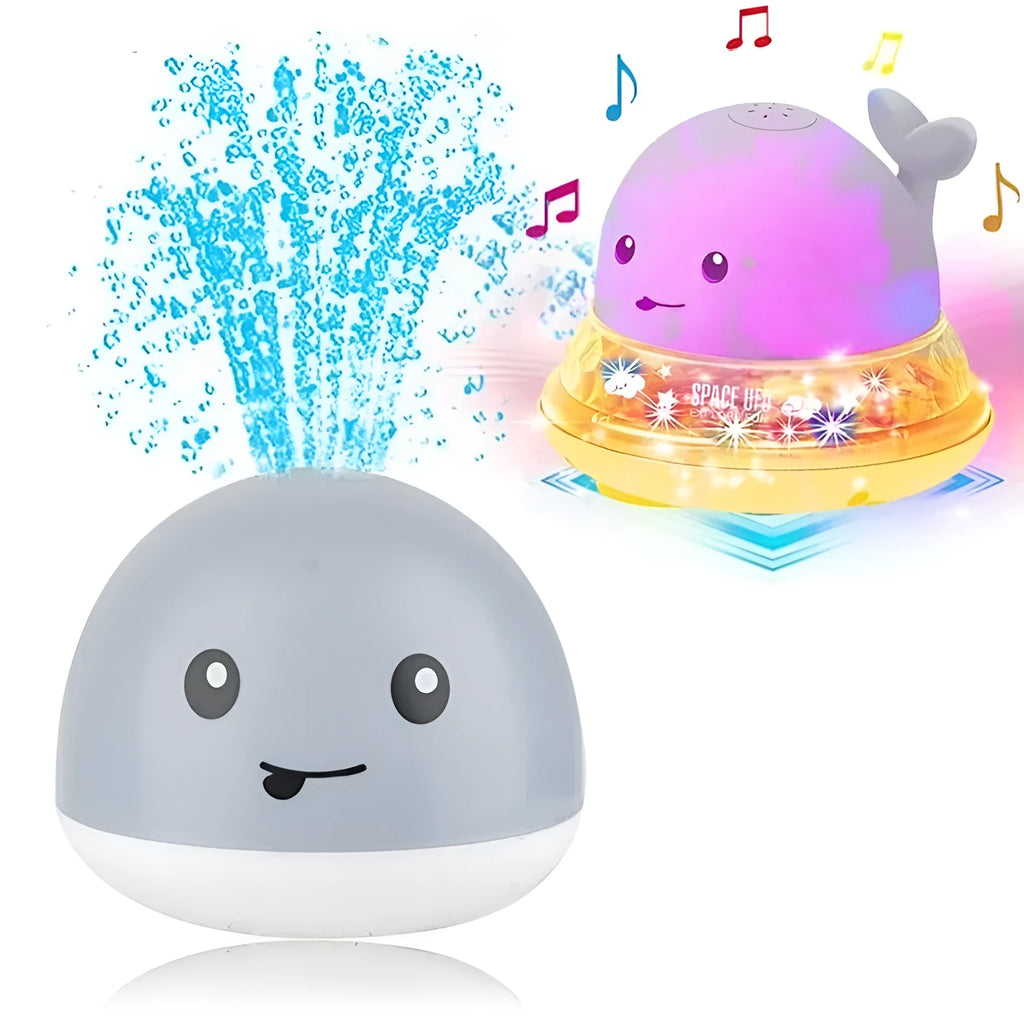 Automatic water spray whale bath toy with LED lights for baby sensory play