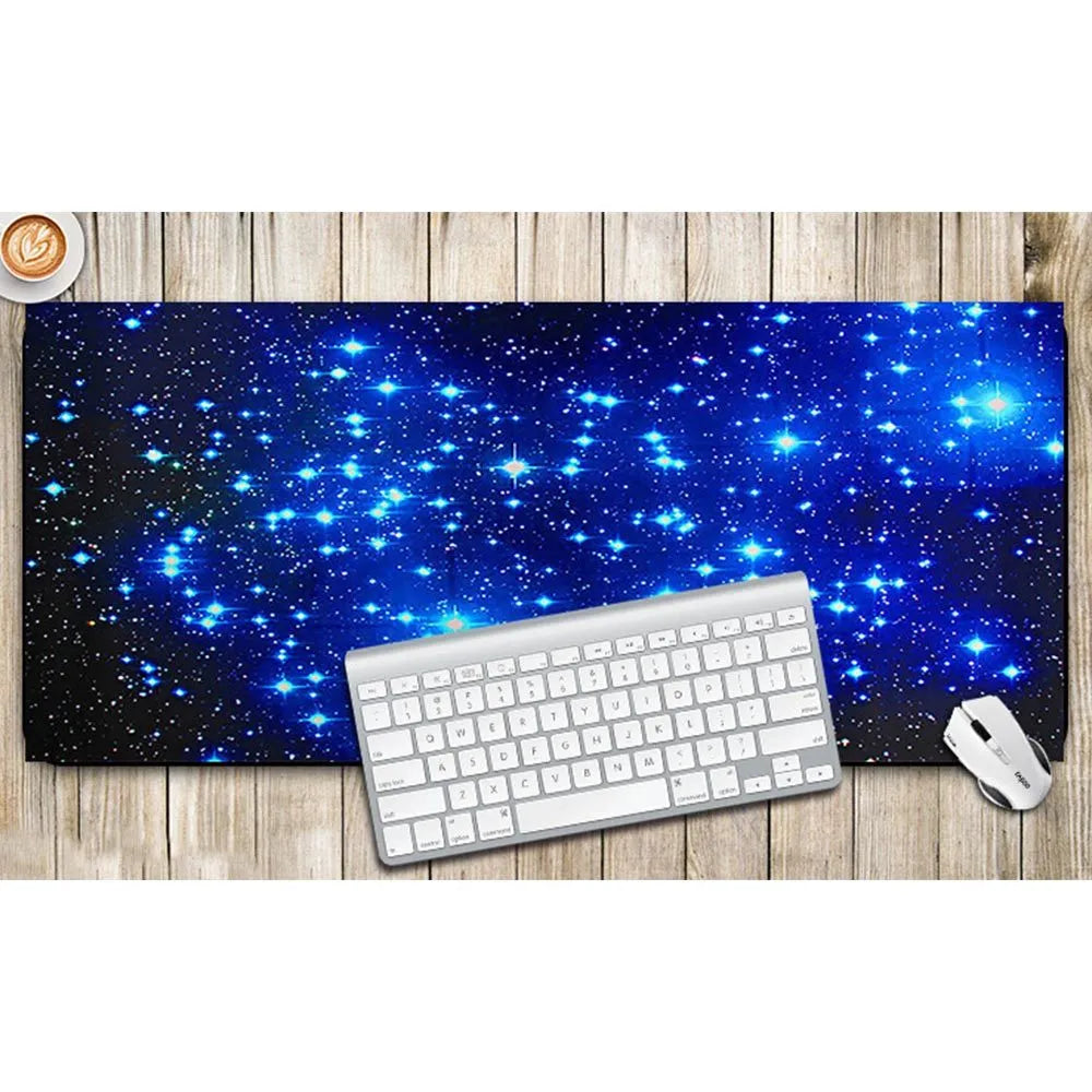 Blue star mouse pad with high-density fabric surface and natural rubber anti-skid base on a desk