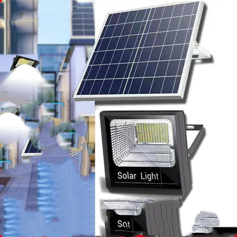 Black solar-powered LED flood light for outdoor garden and security use with remote control.