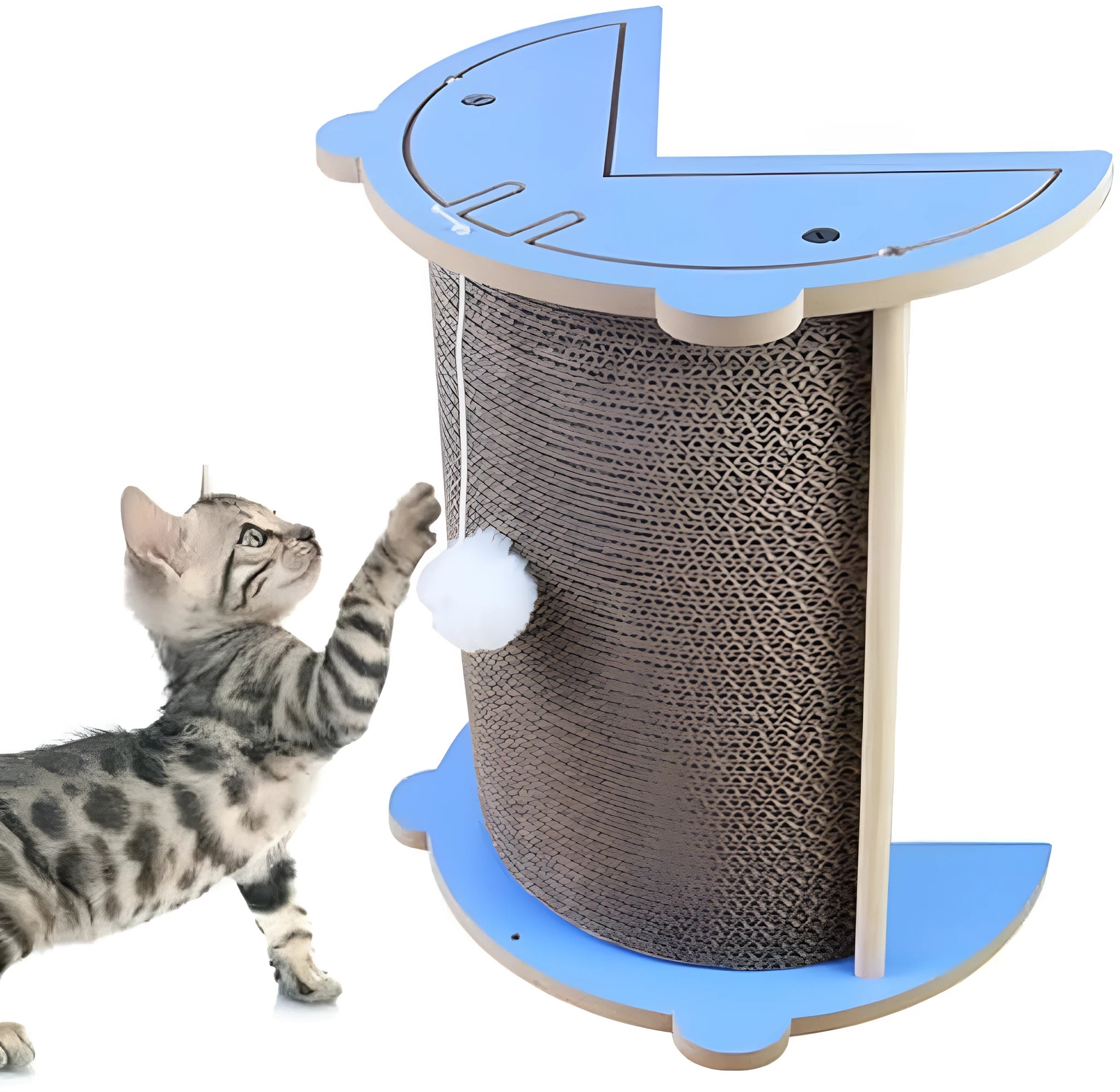 Grey corner-shaped cardboard cat scratching post with a white hanging ball, shown placed in a room corner.