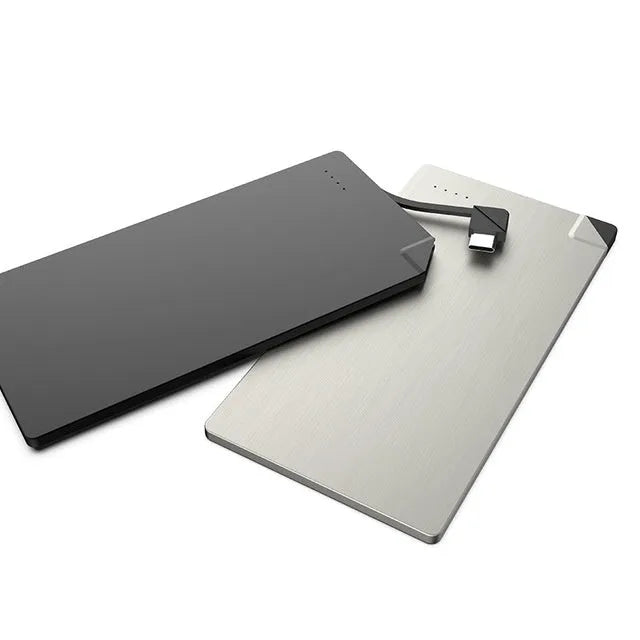 Silver graphene power bank showing slim 4mm profile with Apple and Android compatibility