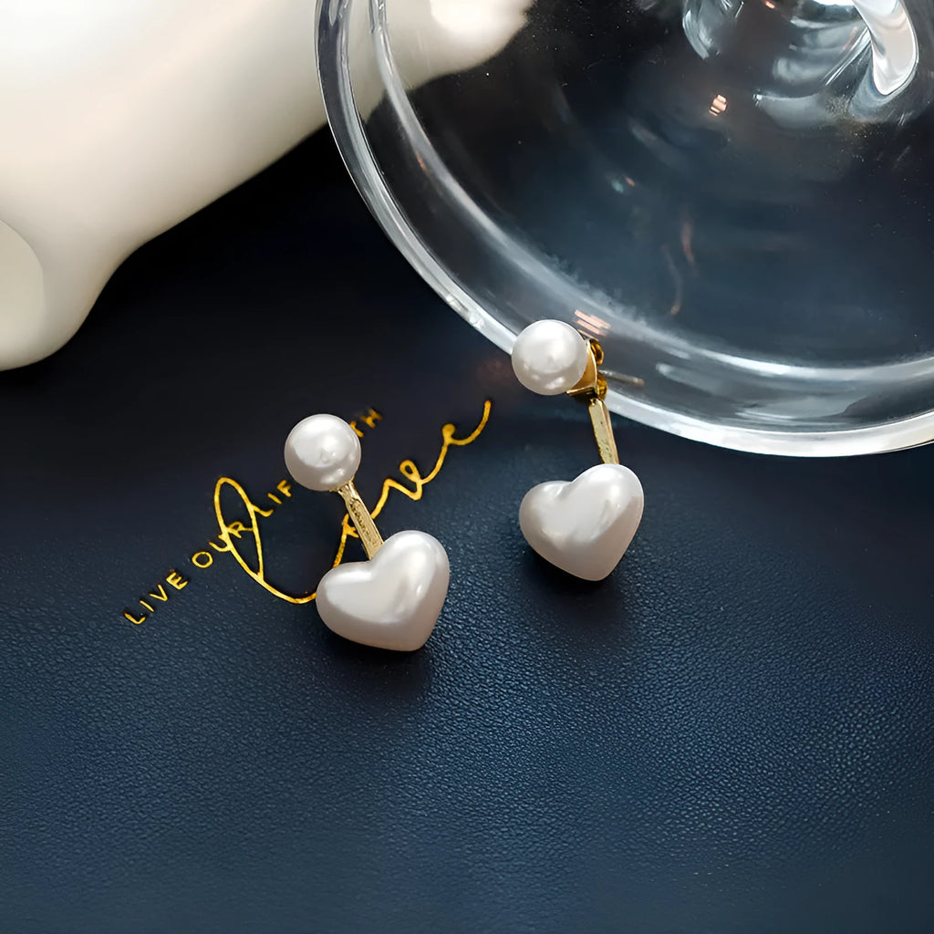 Heart-shaped alloy stud earrings with electroplated finish and artificial gemstones in Korean style