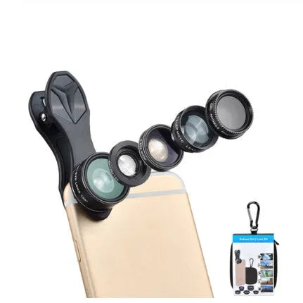 Universal 5-in-1 smartphone lens kit with fisheye, wide-angle, macro, telephoto and CPL lenses