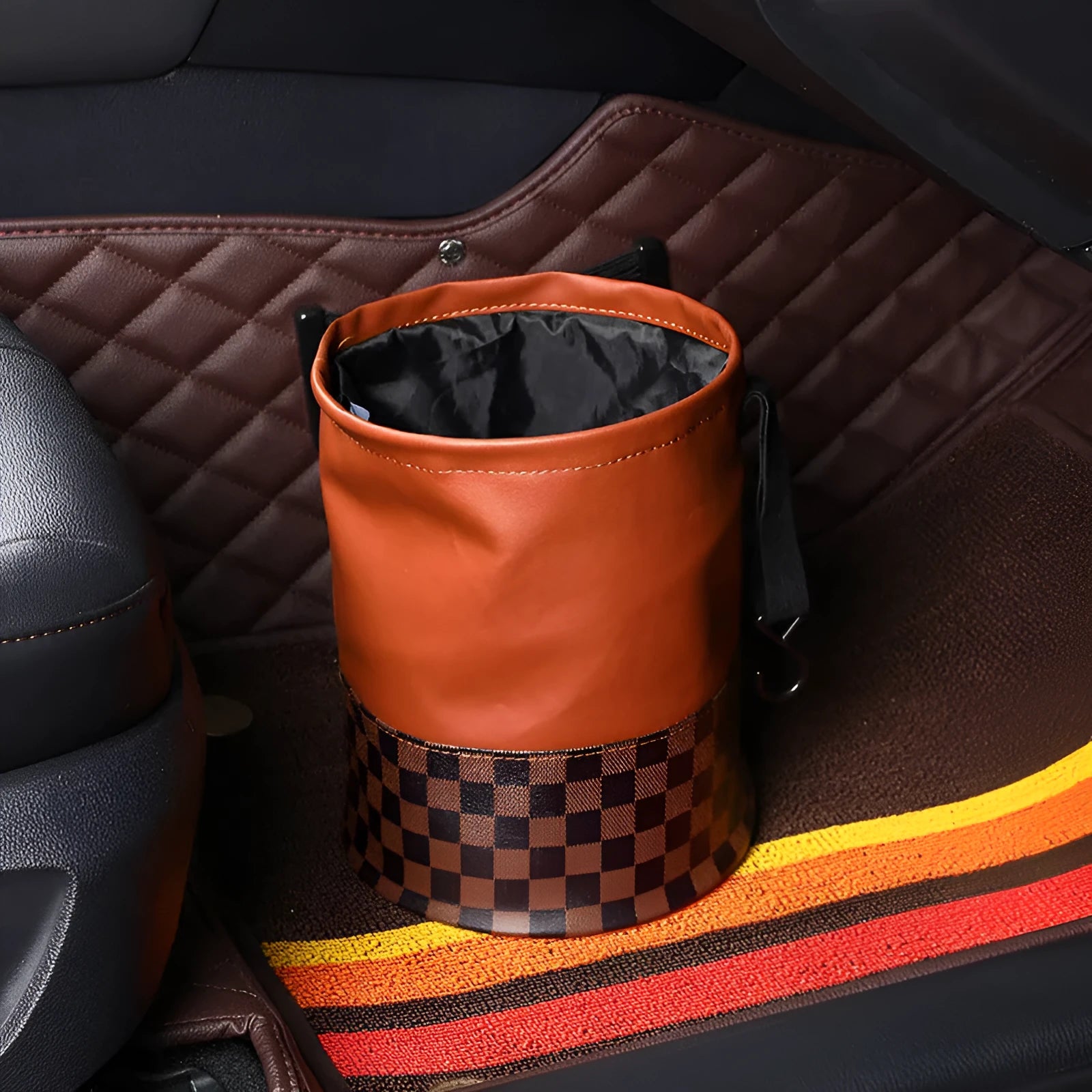 Retractable leather car trash can shown in expanded and collapsed positions