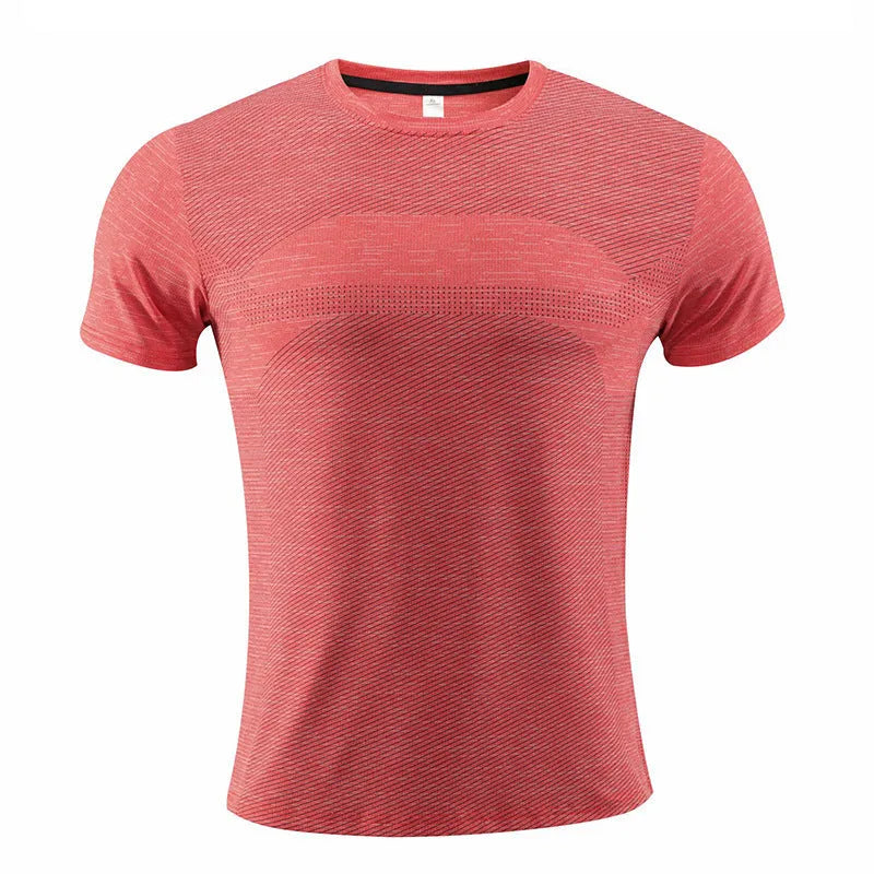 Man's short sleeve running t-shirt in polyester spandex fabric, shown in red colour.