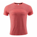 Man's short sleeve running t-shirt in polyester spandex fabric, shown in red colour.