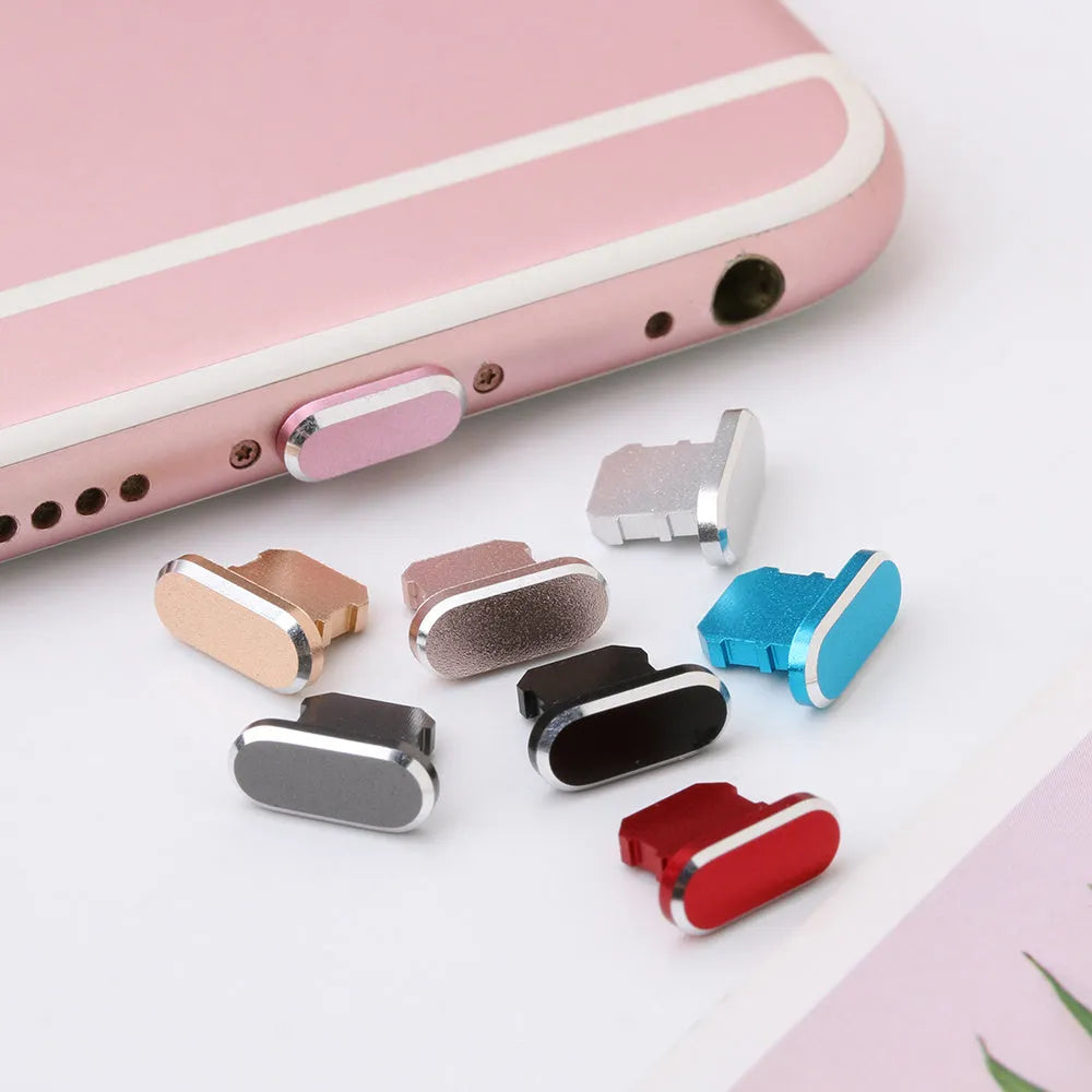 Aluminium alloy iPhone charging port dust plug in gold, silver, blue, red, grey, black, and rose gold colours.