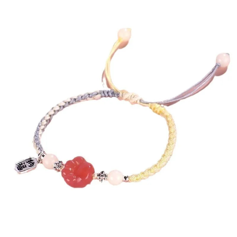 Red cat's paw woven couple bracelet with glass beads in pastoral style adjustable jewellery