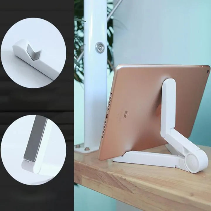 Black foldable tablet holder standing upright holding a tablet, shown next to its folded flat profile.
