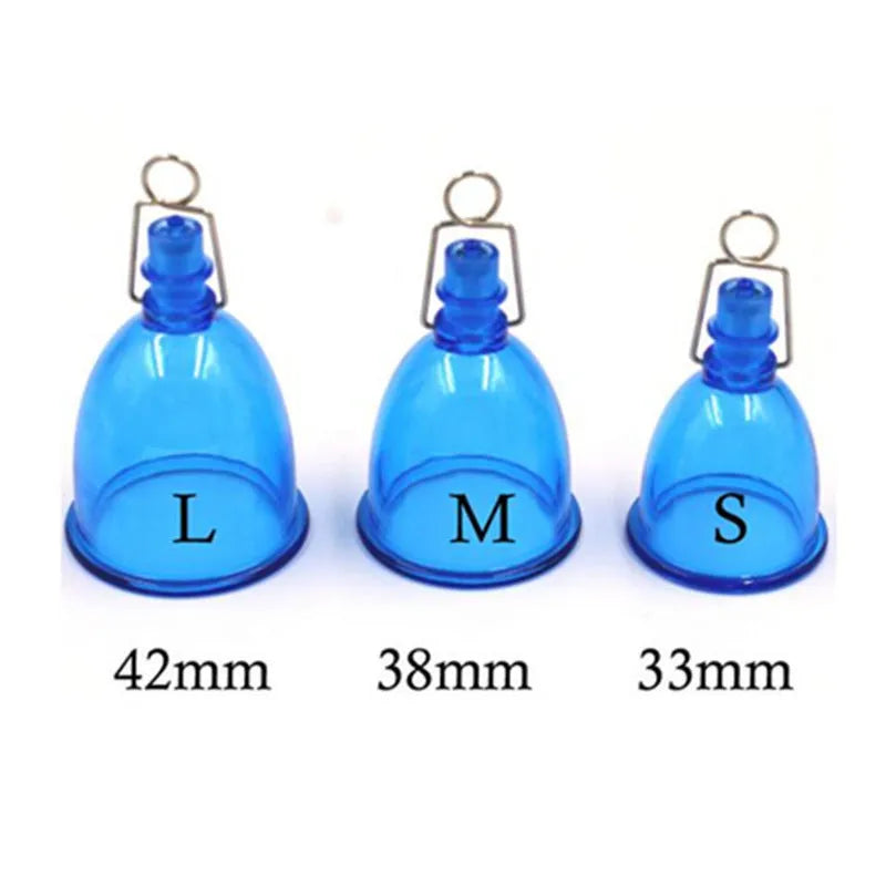 Blue silicone male masturbator cup shown in small, medium, and large sizes