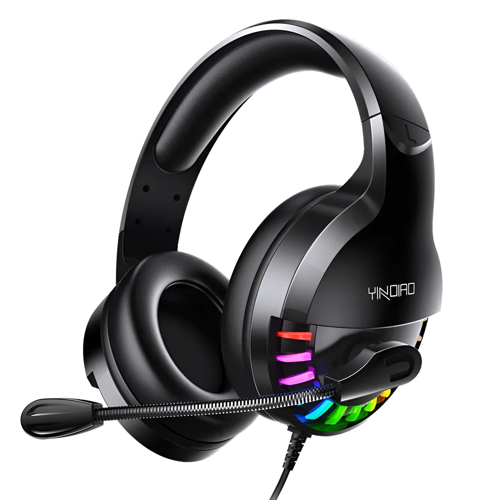 Black wired gaming headset with microphone and cable line control, showing 3.5mm plug.