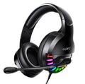 Black wired gaming headset with microphone and cable line control, showing 3.5mm plug.
