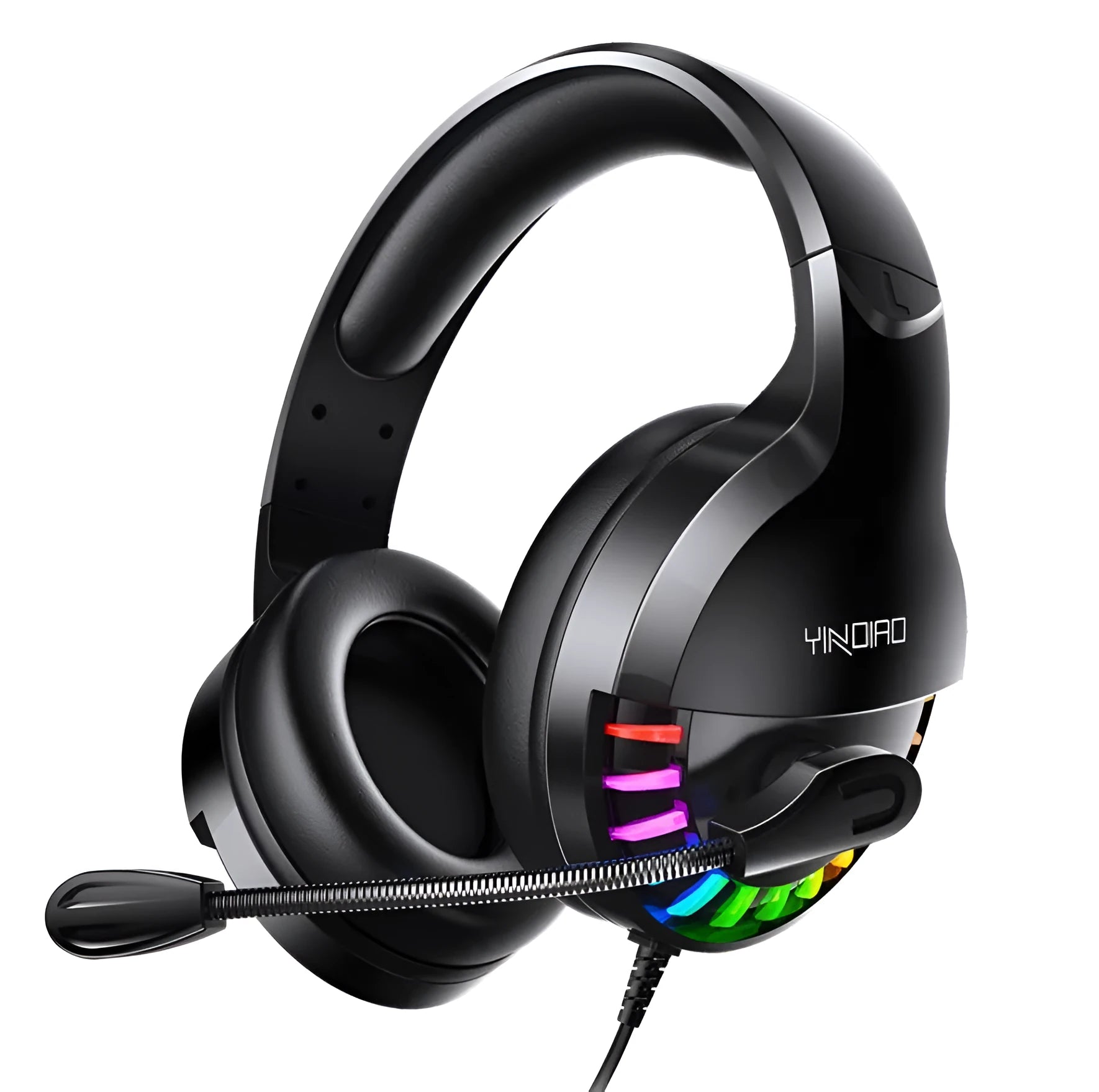 Black wired gaming headset with microphone and cable line control, showing 3.5mm plug.