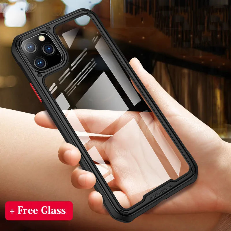 Transparent iPhone 11 case in six colour options showing TPU and PU construction