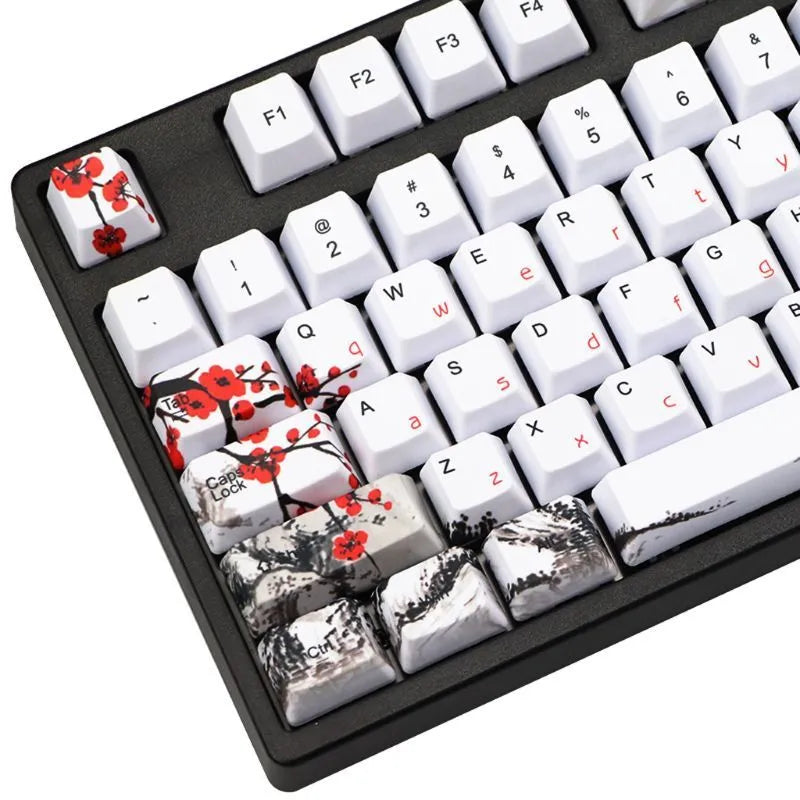 PBT Wangjiang plum blossom design keycap set for mechanical keyboards, showing Korean and Japanese legends.