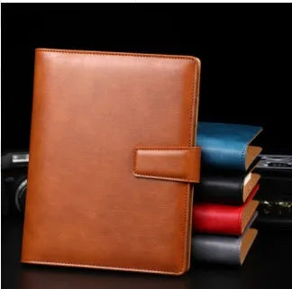 A5 leather buckle notebook with 6-hole clip in multiple colours showing hard cover and closure
