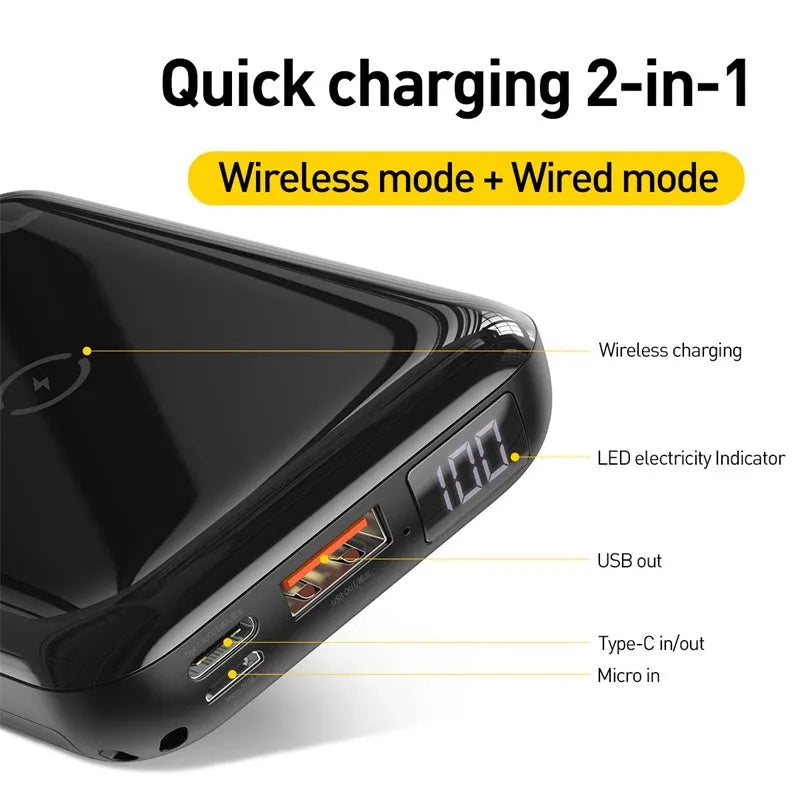 Small square black wireless fast charging power bank with digital display showing battery percentage