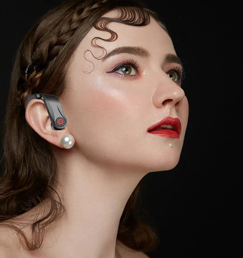 Black wireless Bluetooth in-ear headset with two earbuds on a white background.
