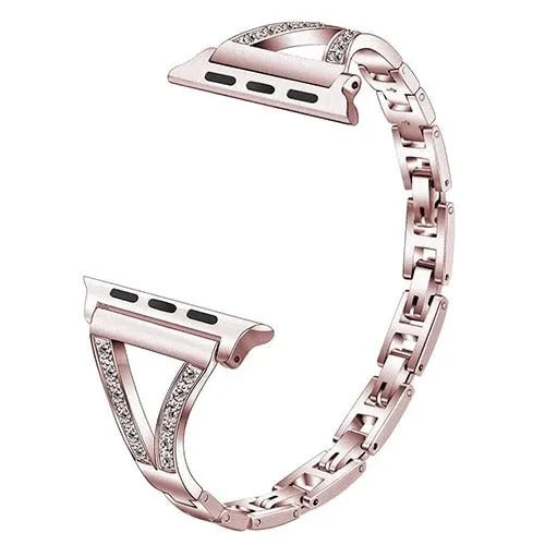 Stainless steel Apple Watch strap with diamond studs in black, gold, pink, rose gold, and white colour options.