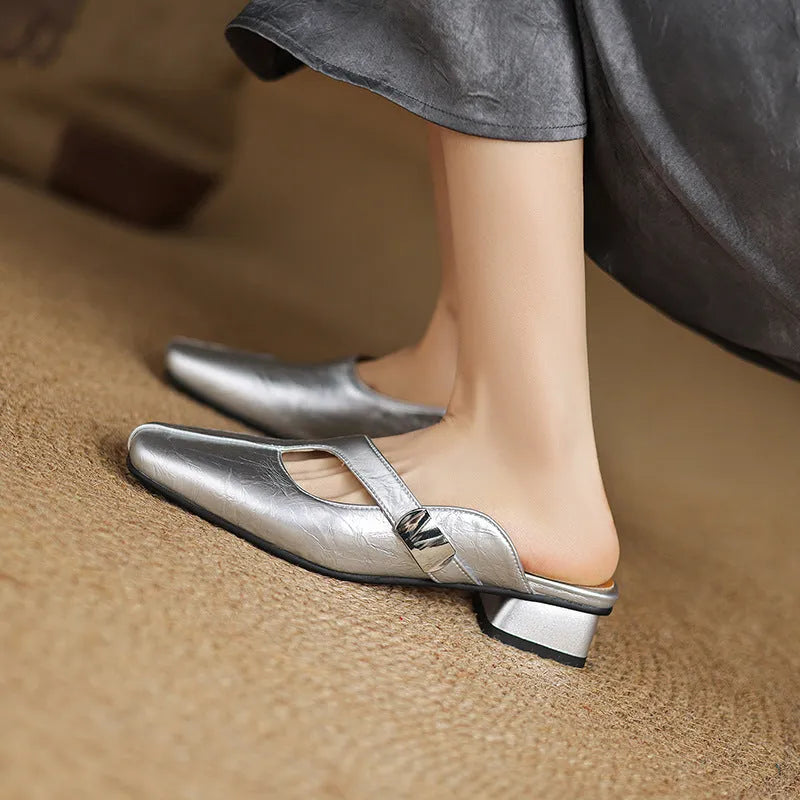 British style square toe slippers with low heel in artificial PU and rubber sole