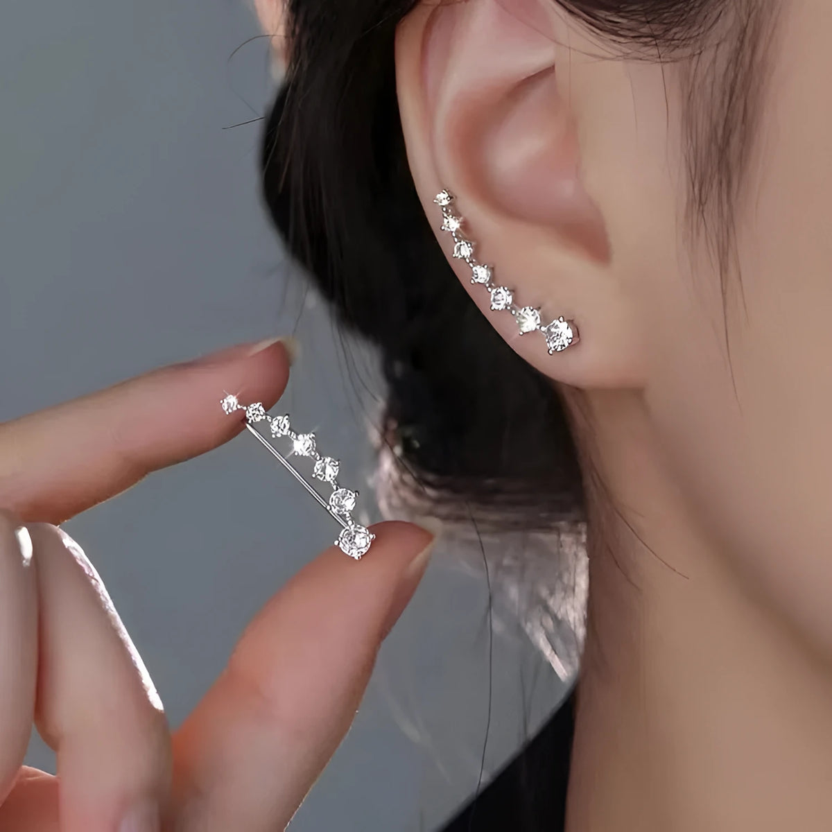 Geometric silver needle earrings with zircon stone in white colour for women fashion OL style