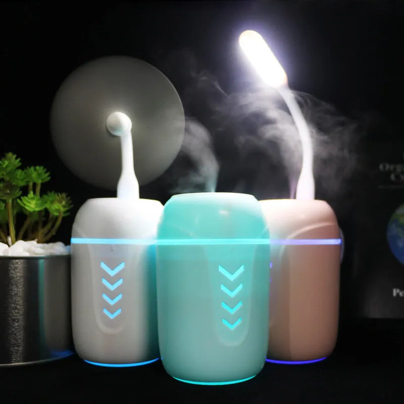Blue columnar portable car humidifier with USB cable and aromatherapy function.