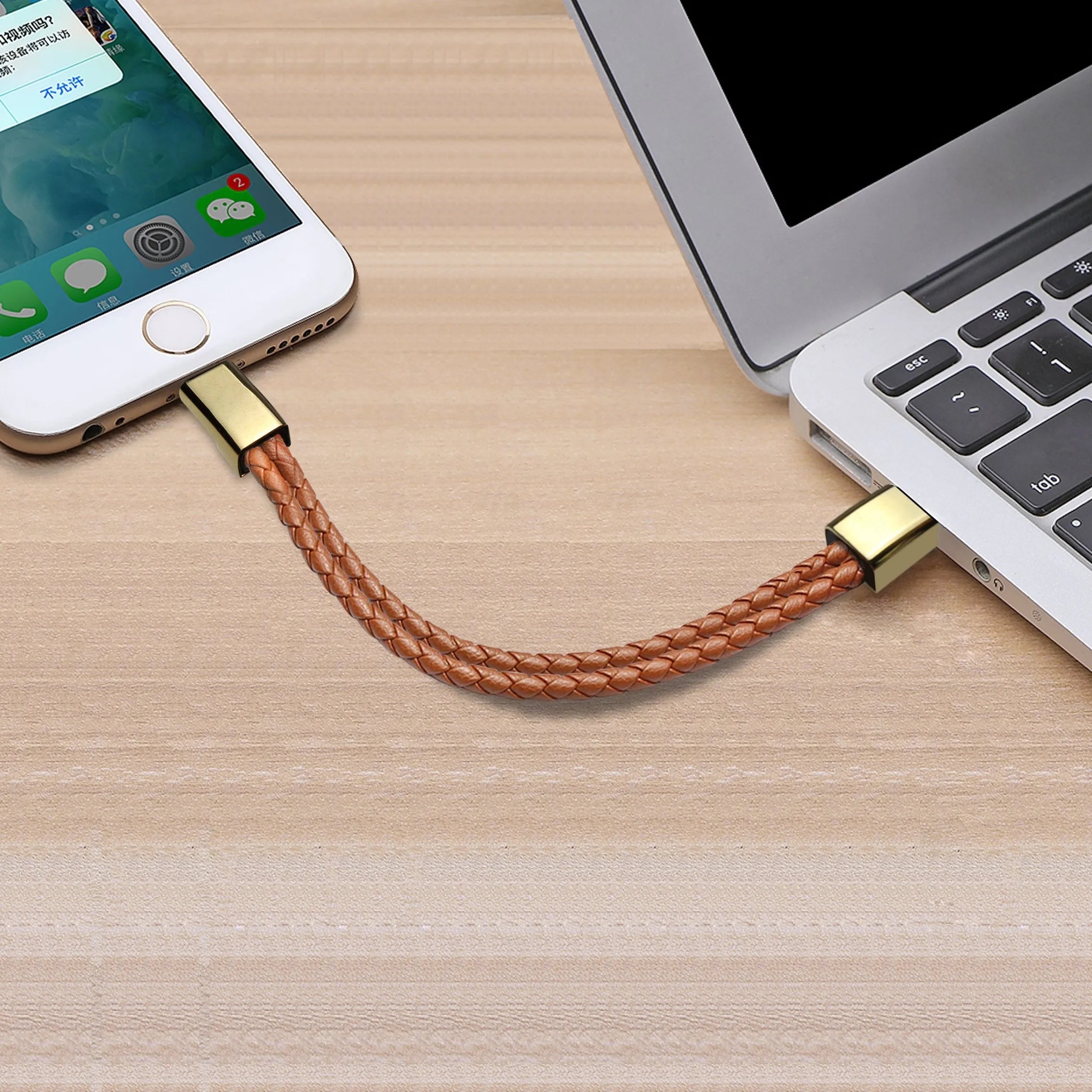 Brown leather bracelet with integrated 22.5cm charging cable and Micro USB connector