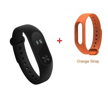 Black Xiaomi Mi Band 2 smart wristband with OLED screen on a textured thermoplastic elastomer strap.