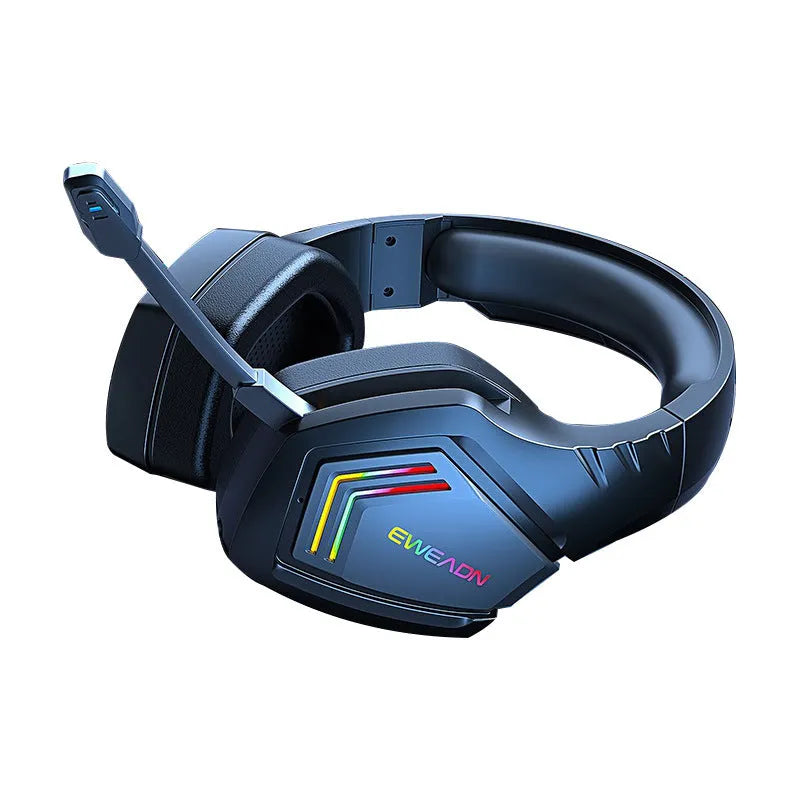 Black wireless Bluetooth headphones with RGB lighting effects and noise cancellation feature